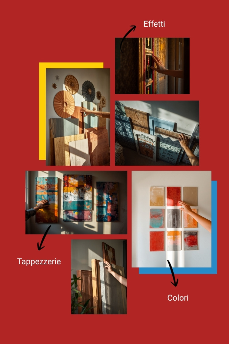 Campioni di colore, tappezzeria ed effetto decorativo su tavolette accostati alla parete di casa